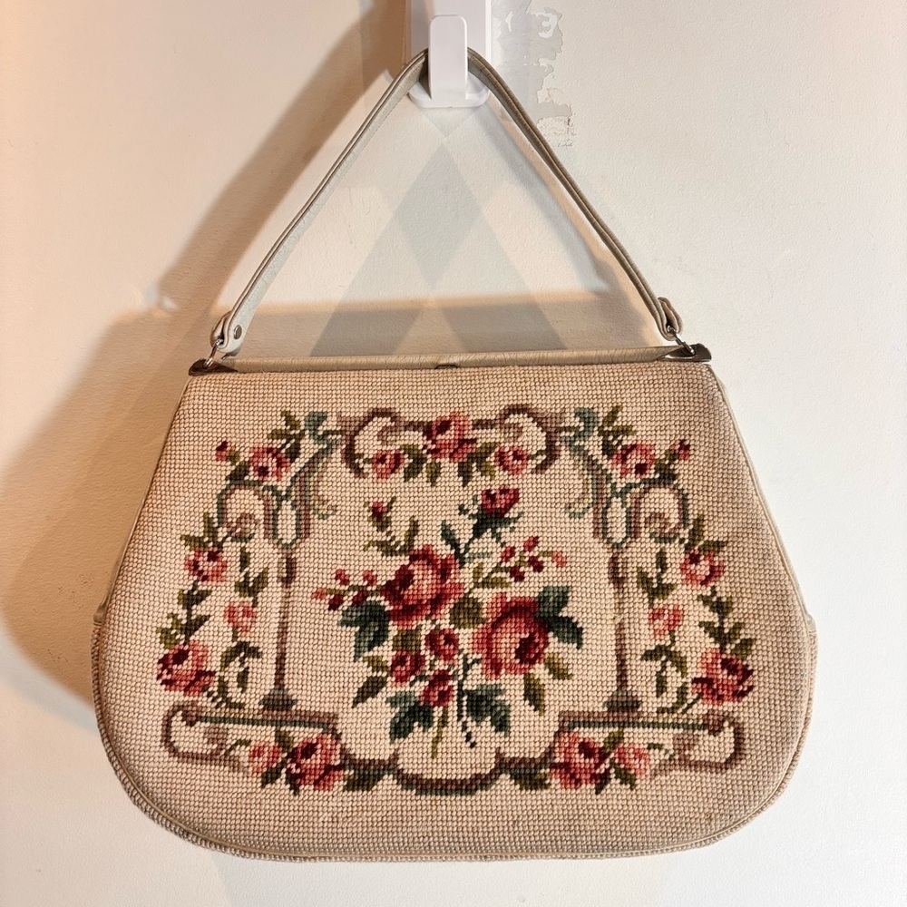 Elvette Vintage Floral Needlepoint Structured Handbag Snap Closure Re Lining